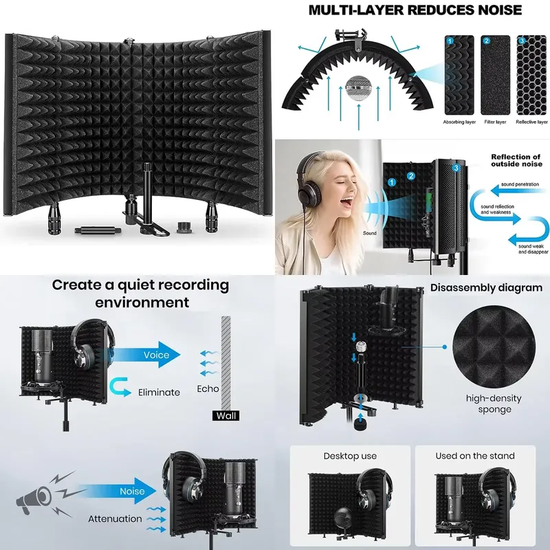 Vocal Booth Isolation Shield - Foldable Studio Microphone Shield 5 Panel
